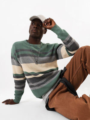 Men's Striped Regular Relaxed Fit Round Neck Full Sleeves Sweater