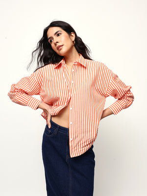 Striped Spread Collar Oversized Cotton Casual Shirt