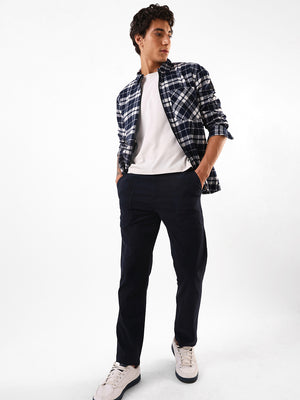 Men's Navy Solid Cotton Relaxed Fit Mid-Rise Cargo Trousers