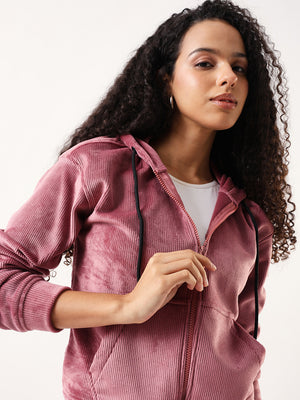 DL Woman Solid Full Sleeves Hooded Velvet Jacket