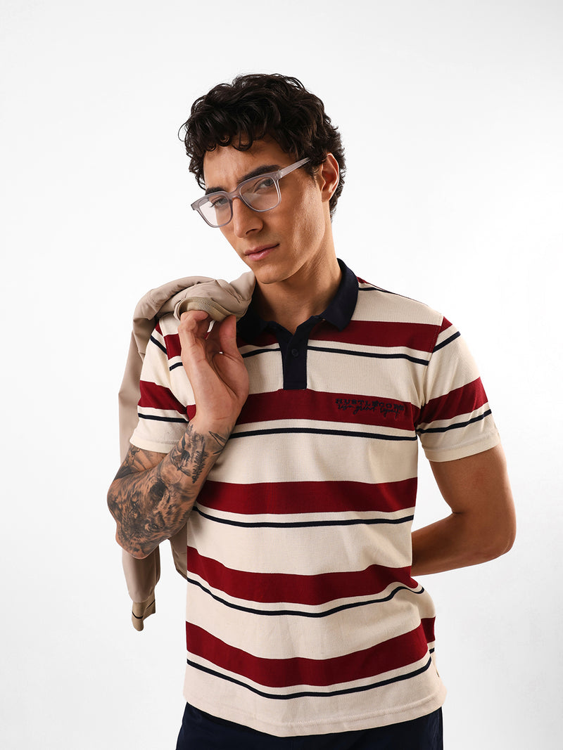 Men's Off White Striped Polo Collar Relaxed Fit T-shirt