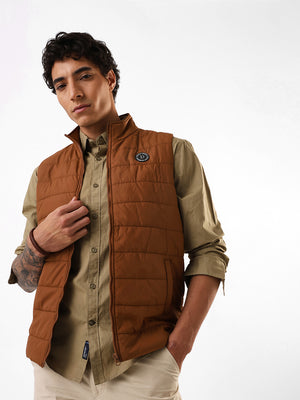 Men's Brown Solid Mock Neck Sleeveless Gilet Jacket