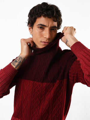 Men's Colourblocked Cable Knit Turtle Neck Pullover Sweater