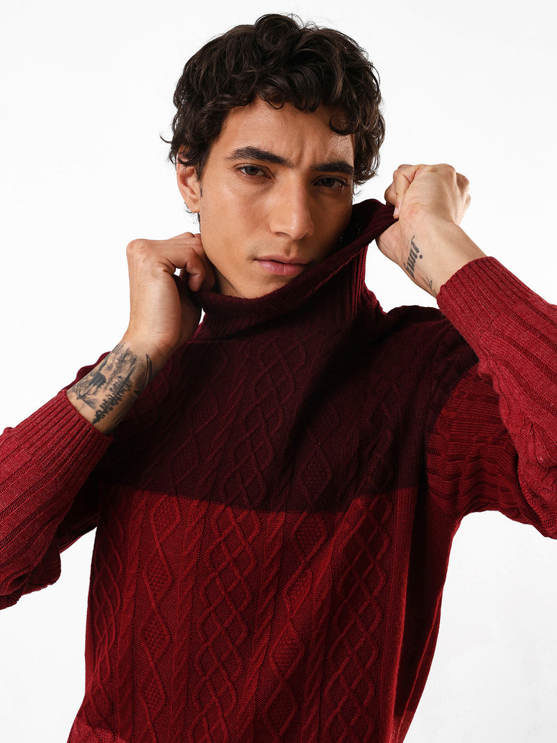 Men's Colourblocked Cable Knit Turtle Neck Pullover Sweater