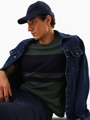 Men's Green Striped Round Neck Relaxed Fit T-shirt