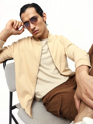 Men's Solid Rib Collar Full Sleeves Front-Open Sweatshirt