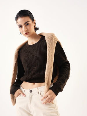 DL Woman Solid Round Neck Full Sleeves Crochet Sweater