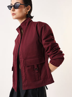 DL Woman Cream Solid Mock Collar Full Sleeves Jacket