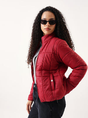 DL Woman Maroon Solid Stand Collar Full sleeves Puffer Jacket