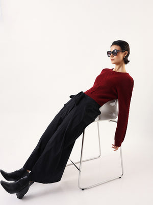 DL Woman Solid Round Neck Full Sleeves Crochet Sweater