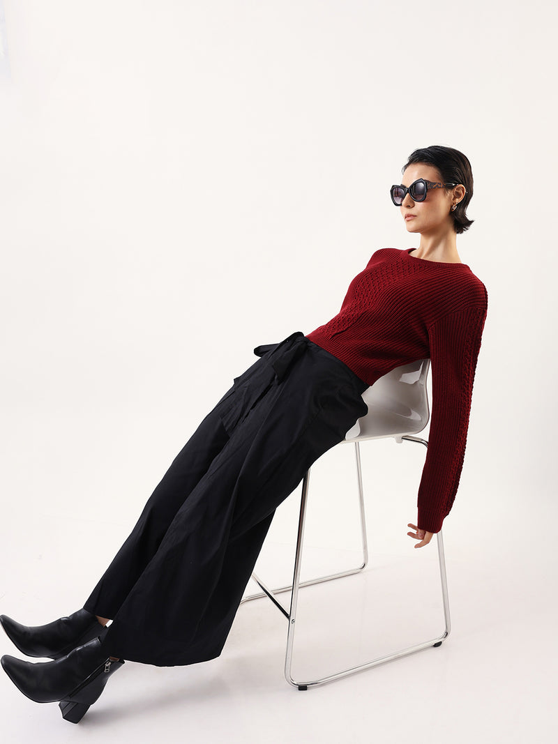DL Woman Solid Round Neck Full Sleeves Crochet Sweater