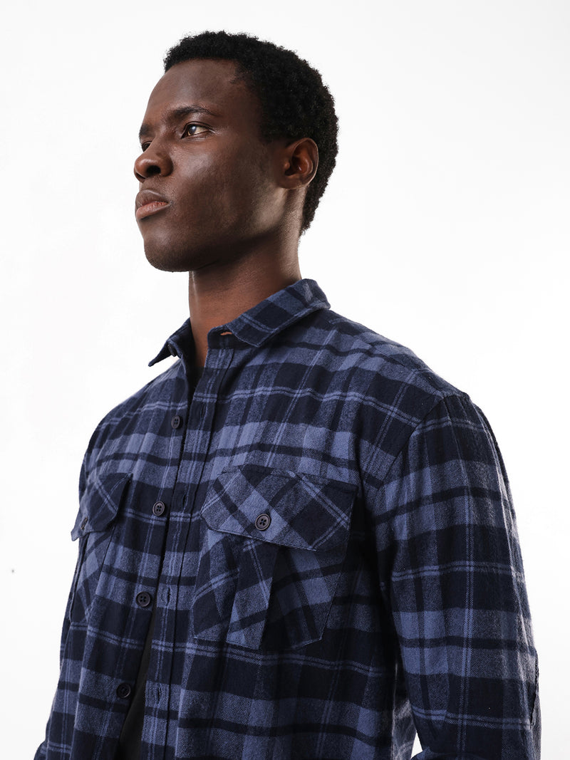 Men's Navy Flannel Checks Spread Collar Relaxed Fit Casual Shirt
