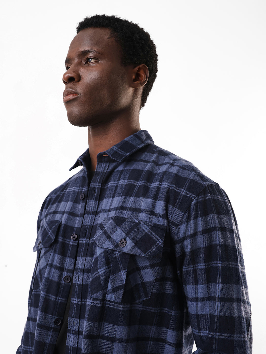 Men's Navy Flannel Checks Spread Collar Relaxed Fit Casual Shirt