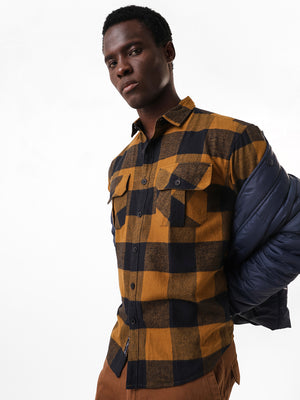 Men's Olive Flannel Checks Spread Collar Relaxed Fit Casual Shirt