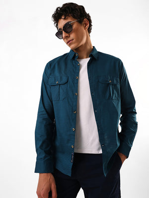 Men's Navy Solid Textured Spread Collar Regular Fit Casual Shirt