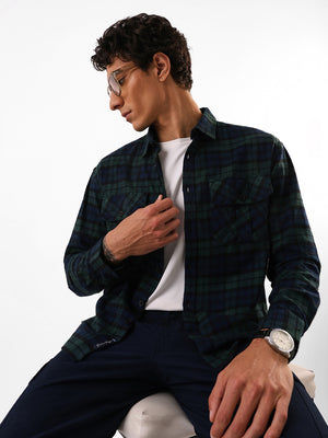 Men's Green Flannel Checks Spread Collar Relaxed Fit Casual Shirt