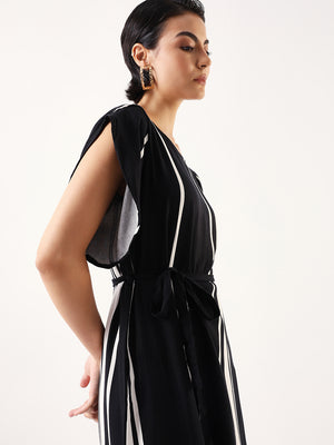 DL Woman Striped Round Neck Knee Length Dress With Petal Sleeves