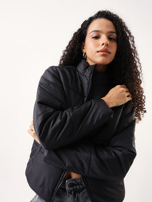 DL Woman Black Solid Mock Collar Full sleeves Puffer Jacket