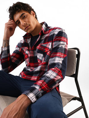 Men's Maroon Flannel Checks Spread Collar Relaxed Fit Casual Shirt