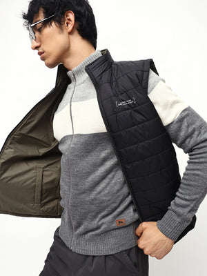 Men's Black Solid Mock Neck Sleeveless Regular Fit Reversible Gilet Jacket