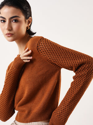 DL Woman Solid Round Neck Pointelle Knit Sweater