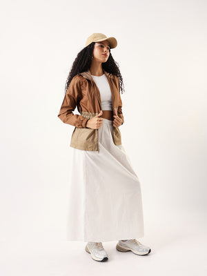 DL Woman Colourblocked Full Sleeves Hooded Casual Jacket