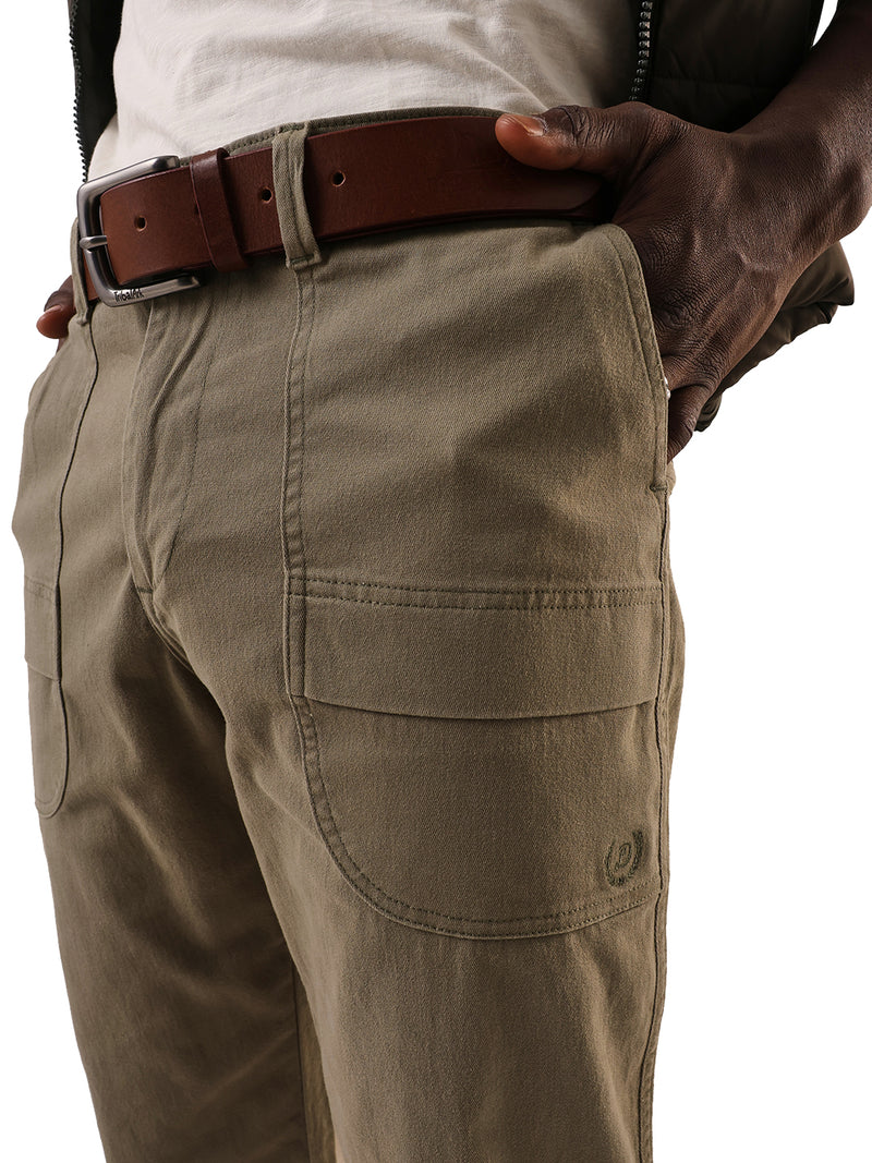 Men's Sage Solid Cotton Relaxed Fit Mid-Rise Cargo Trousers
