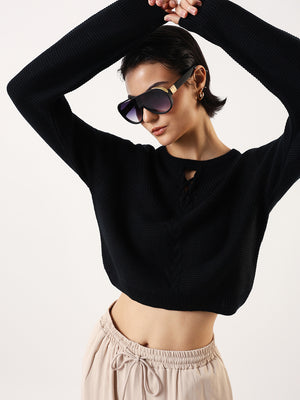 DL Woman Solid Round Neck Full Sleeves Cable Knit Sweater