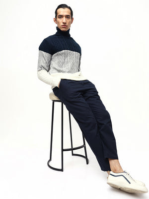 Men's Navy Blue Colourblock Turtleneck Pullover Sweater