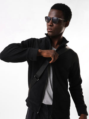 Men's Black Solid Mock Collar Full Sleeves Open Front Jacket