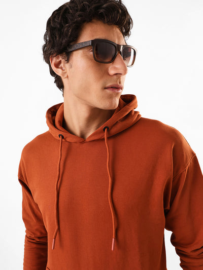 Men's Brown Solid Hooded Pullover Fleece Sweatshirt