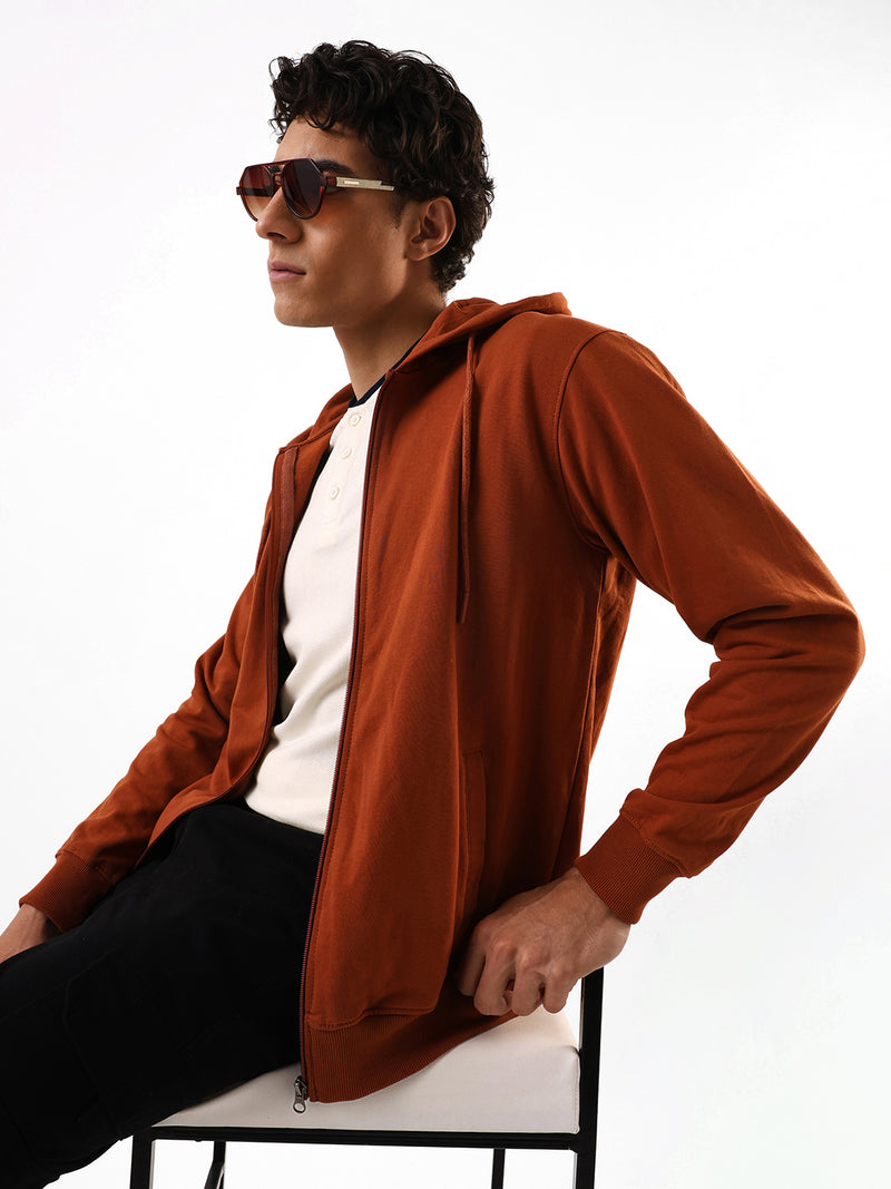 Men's Brown Solid Hooded Front-Open Fleece Sweatshirt