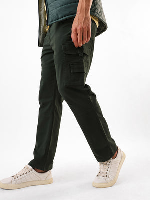 Men's Olive Solid Cotton Relaxed Fit Mid-Rise Cargo Trousers