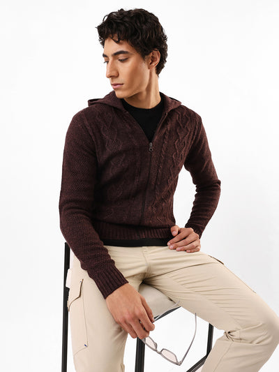 Men's Solid Cable Knit Hooded Front-Open Sweater