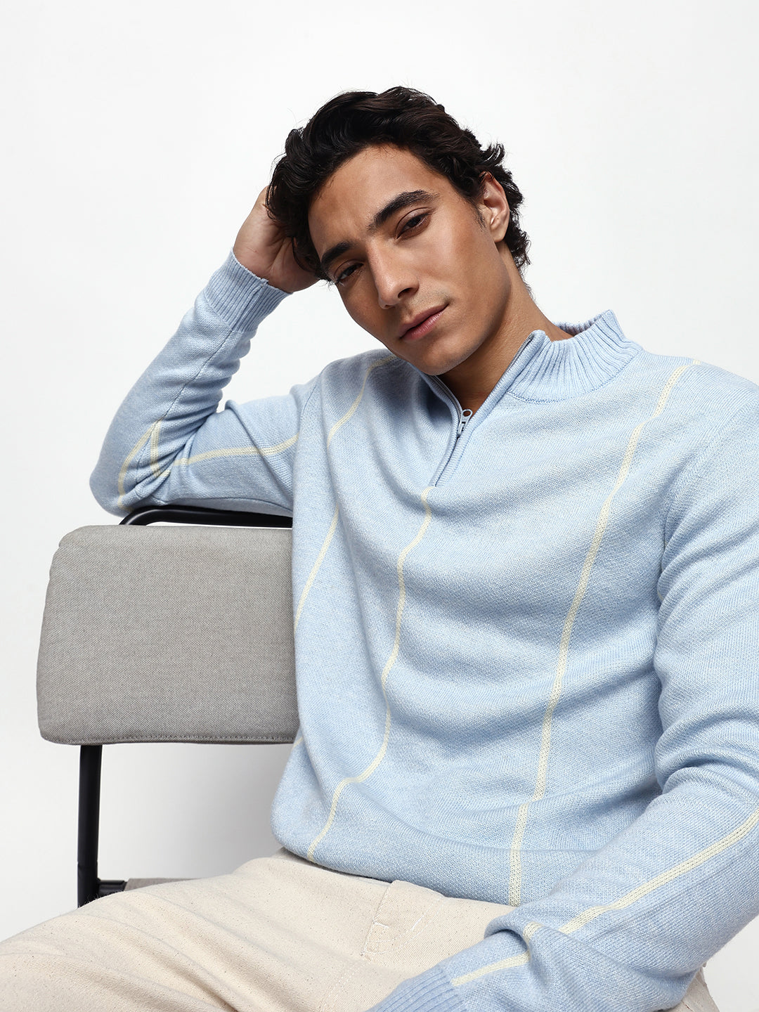 Men's Striped Mock Collar Pullover Sweater