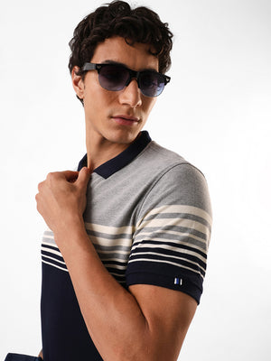 Men's Navy Striped Polo Collar Relaxed Fit T-shirt