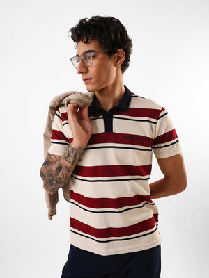 Men's Off White Striped Polo Collar Relaxed Fit T-shirt