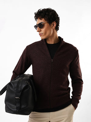 Men's Brown Solid Self Design Mock Collar Front-Open Sweater