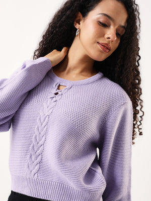 DL Woman Solid Round Neck Full Sleeves Cable Knit Sweater