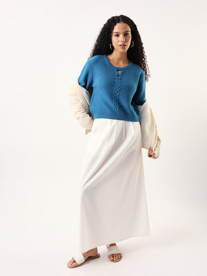 DL Woman Solid Round Neck Full Sleeves Cable Knit Sweater