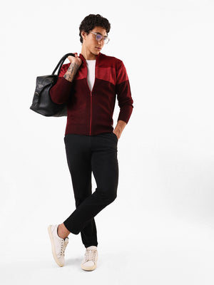 Men's Maroon Colourblocked Mock Collar Front-Open Sweater
