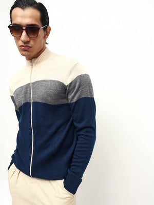 Men's Off White Mock Neck Full Sleeves Slim Fit Front-Open Sweater