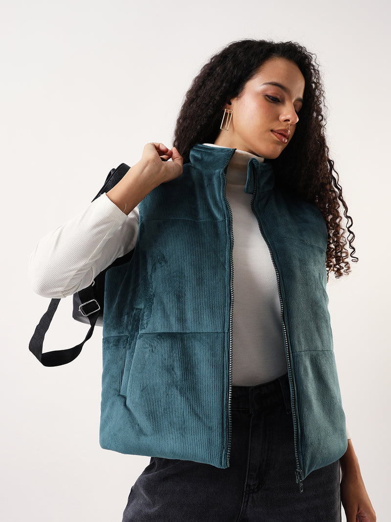 DL Woman Solid Stand Collar Sleeveless Velvet Jacket