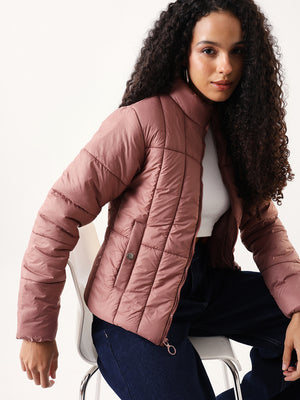 DL Woman Dusty Pink Solid Stand Collar Full sleeves Puffer Jacket