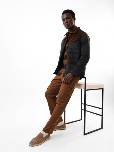 Men's Brown Solid Cotton Relaxed Fit Mid-Rise Cargo Trousers