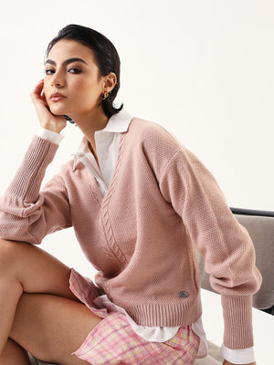 Women Solid Regular Relaxed Fit V-Neck Full Sleeves Sweater