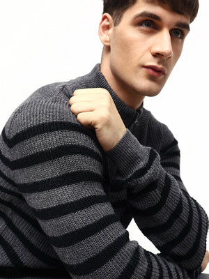 Men's Striped Mock Neck Sweater