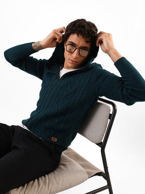 Men's Solid Cable Knit Hooded Front-Open Sweater