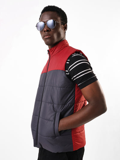 Men's Maroon & Navy Colourblocked Mock Collar Sleeveless Gilet Jacket
