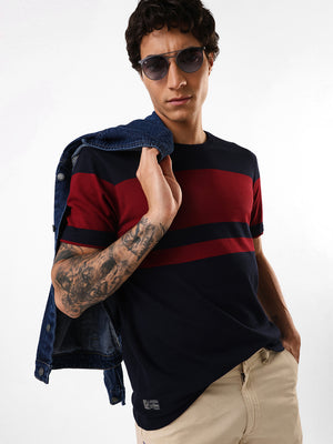 Men's Navy & Red Striped Round Neck Relaxed Fit T-shirt